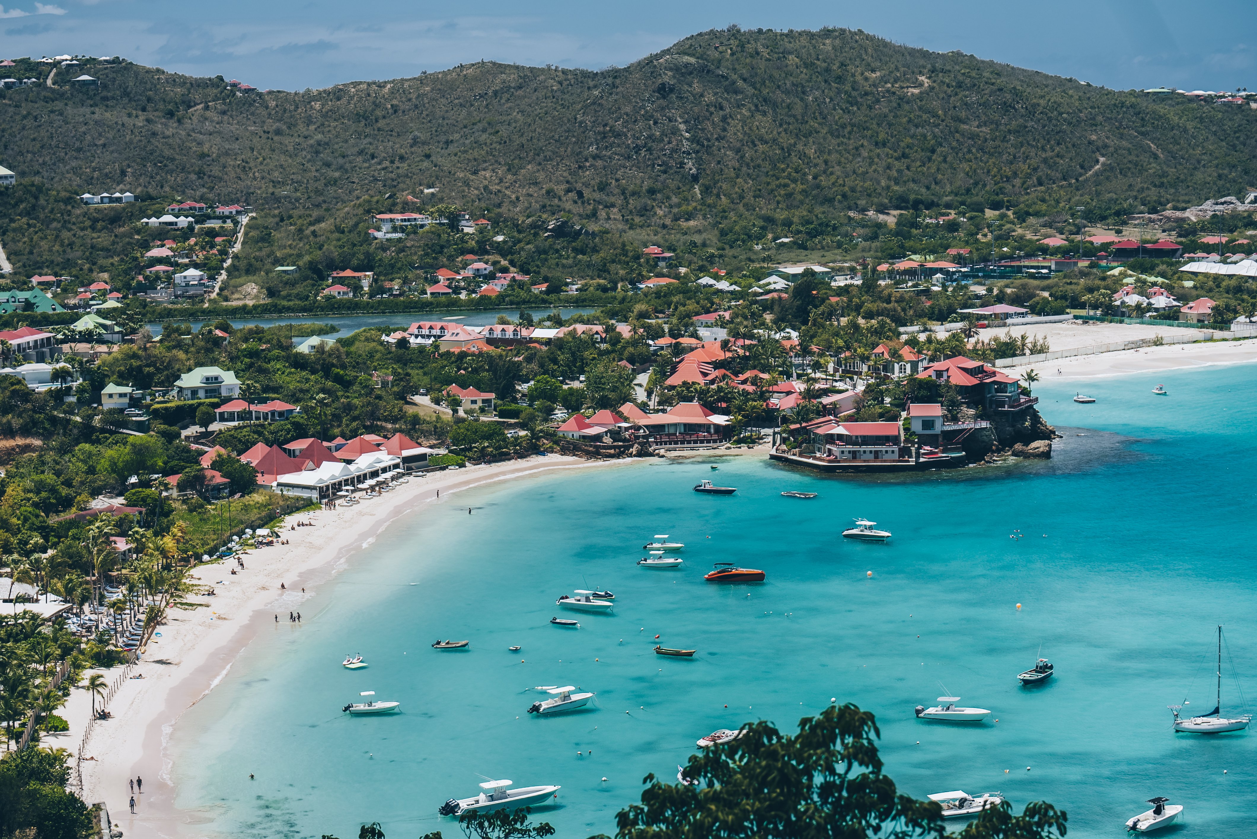 Elevated view over pretty red rooftops of town and sea, Gustavia, St.  Barthelemy (St. Barts) (St.